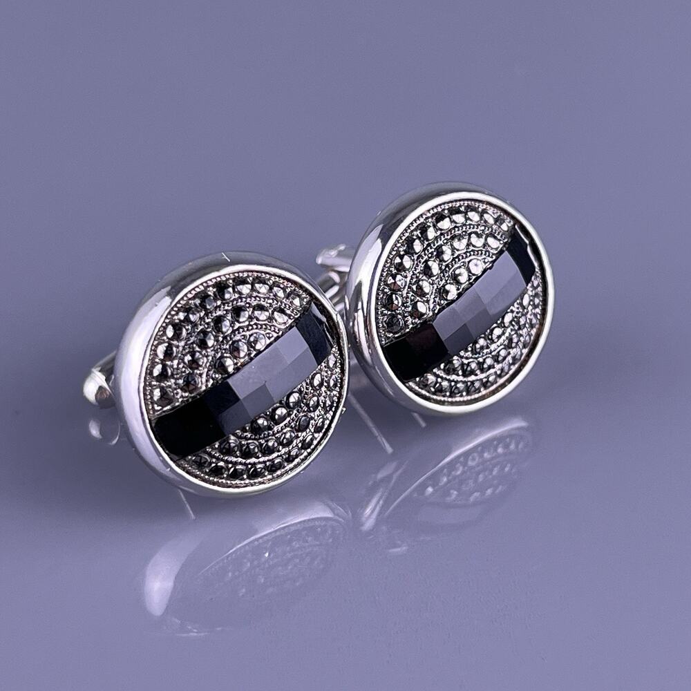 Black Obsidian Glass Rhinestone Cluster Cufflinks Silver Tone Round Flashy VTG